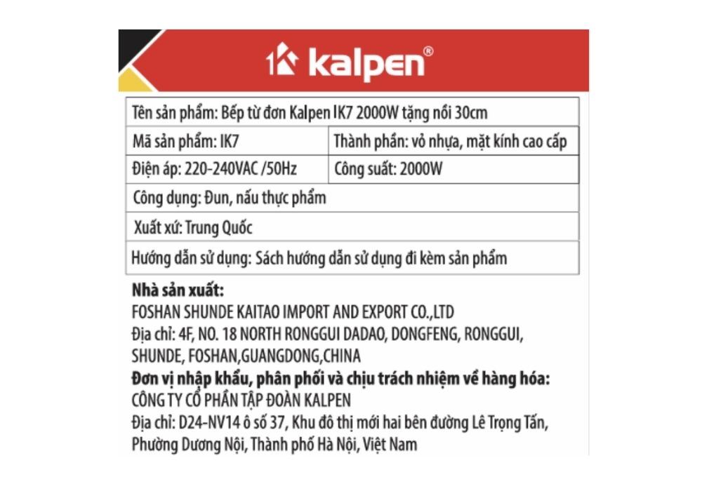 Bếp từ đơn Kalpen IK7 2000W Màu Đen