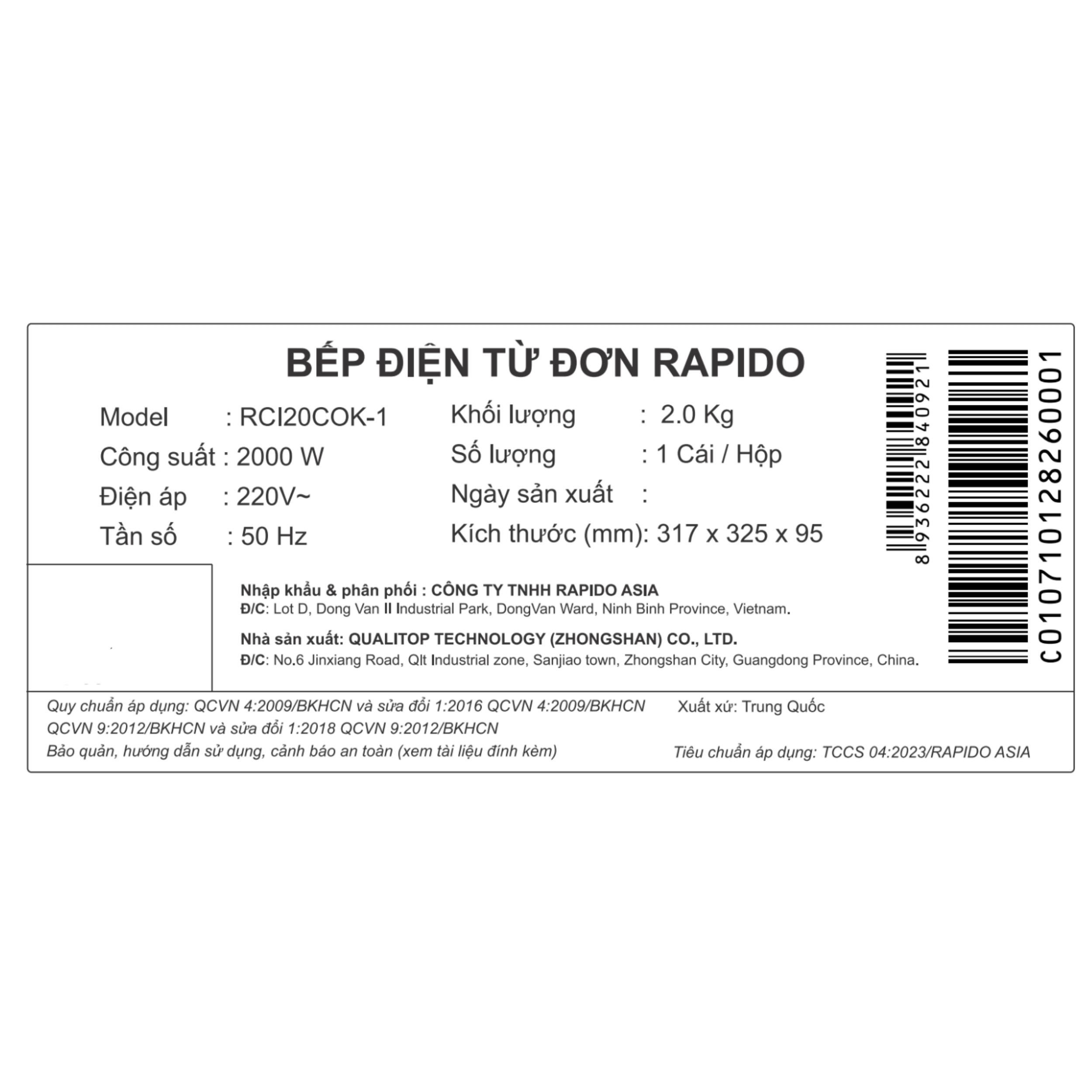 Bếp từ đơn Rapido RCI20COK-1 2000W Màu Xanh Oliu