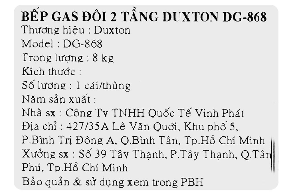 Bếp ga đôi Duxton DG-868 Màu Đen