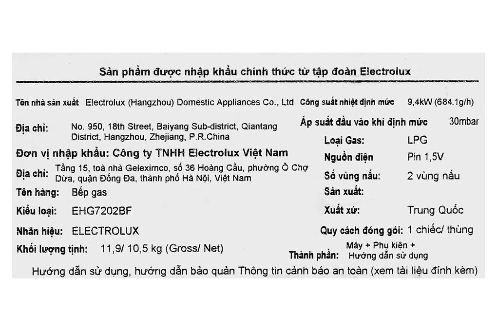 Bếp ga âm Electrolux EHG7202BF Màu Đen