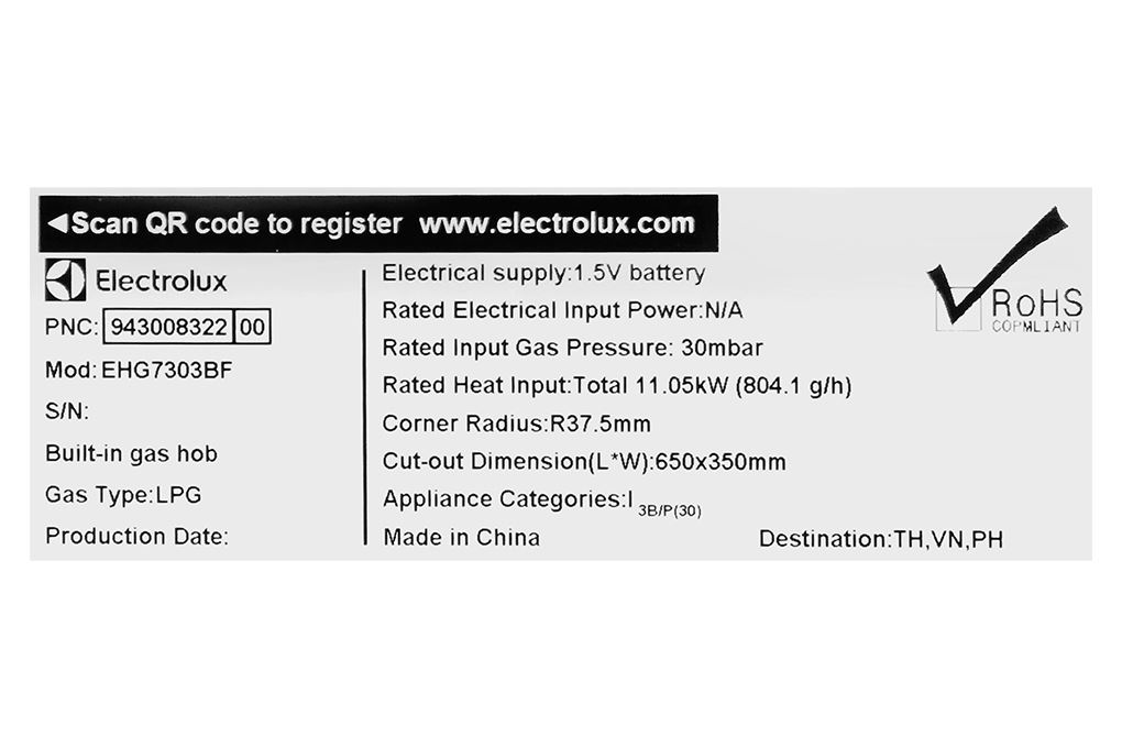 Bếp ga âm Electrolux EHG7303BF Màu Đen
