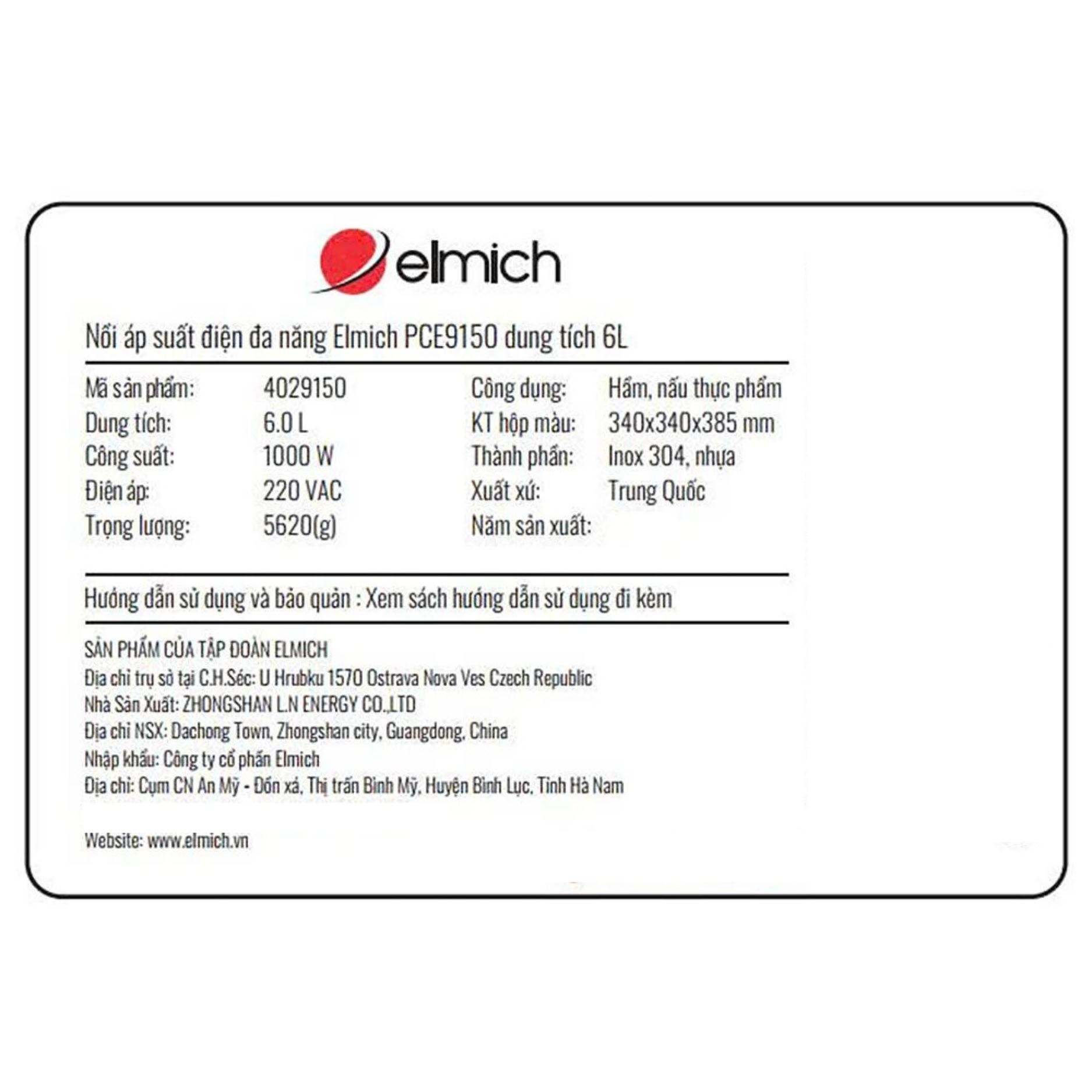 Nồi áp suất điện Elmich PCE9150 6 lít Màu Bạc
