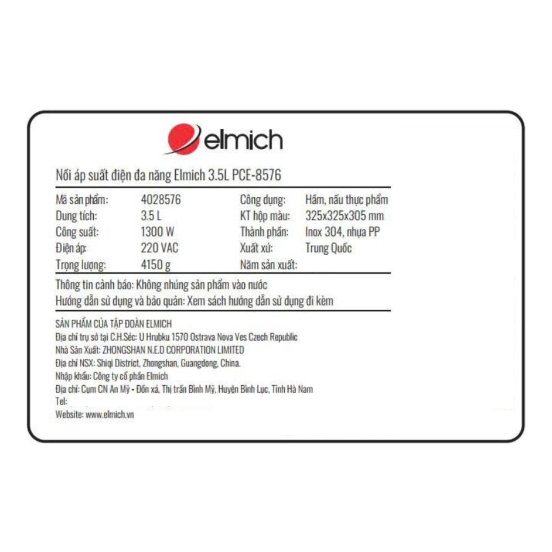 Nồi áp suất điện Elmich PCE-8576 3.5 lít Màu Trắng - Kem
