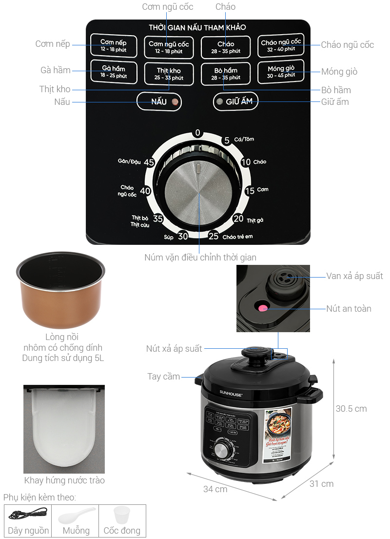 Nồi áp suất điện Sunhouse SHD1551 5 lít