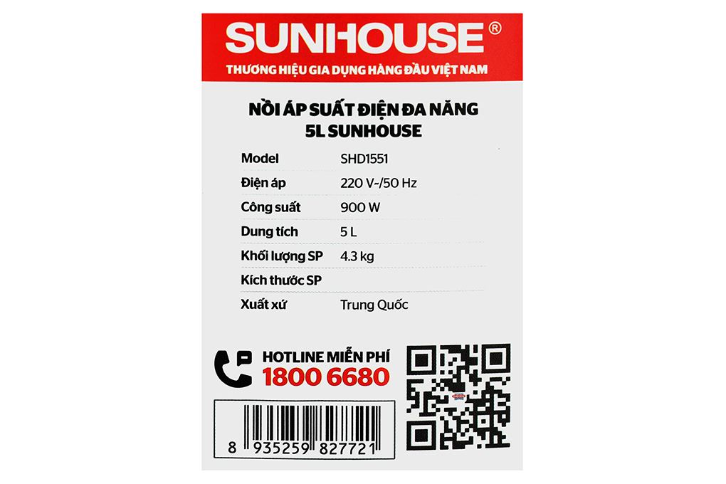 Nồi áp suất điện Sunhouse SHD1551 5 lít Màu Đen - Xám