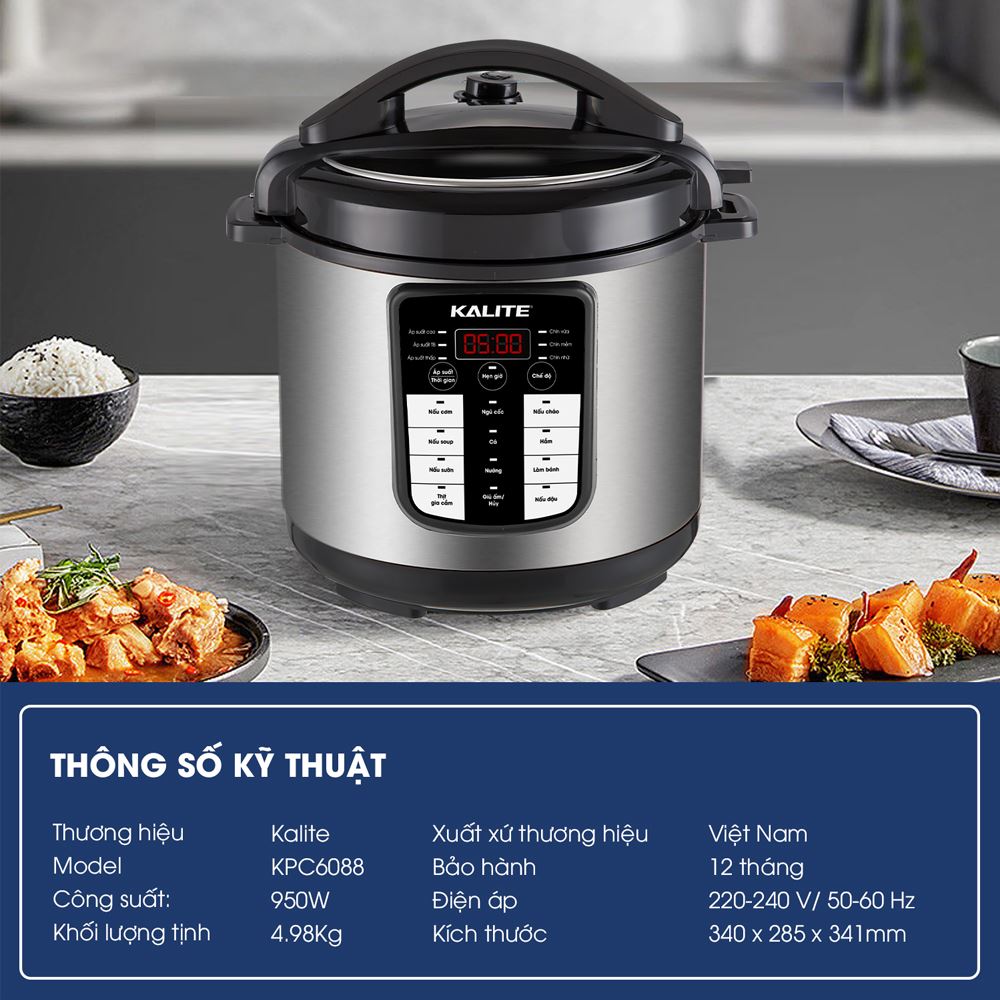 Nồi áp suất điện Kalite KPC6088 6 lít Màu Đen - Xám