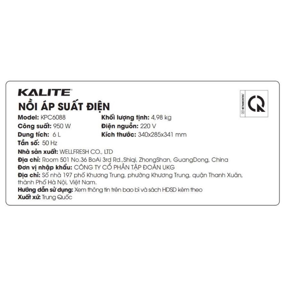 Nồi áp suất điện Kalite KPC6088 6 lít Màu Đen - Xám