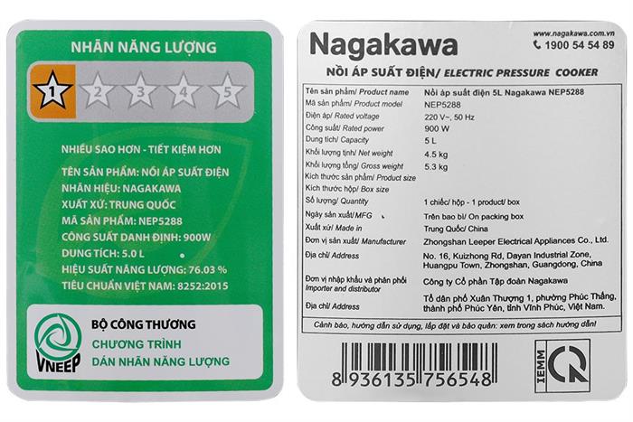 Nồi áp suất điện Nagakawa NEP5288 5 lít Màu Đen