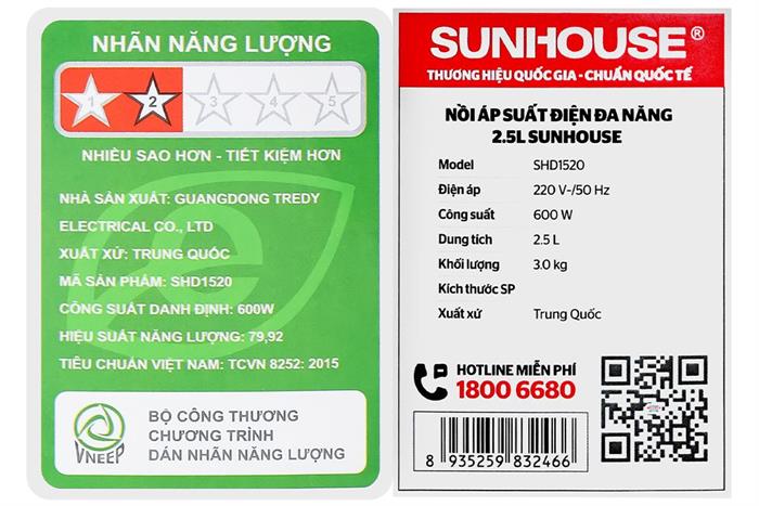 Nồi áp suất điện Sunhouse SHD1520 2.5 lít Màu Kem