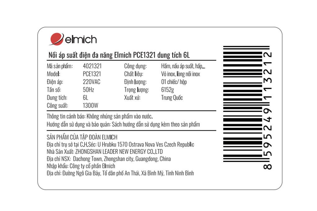 Nồi áp suất điện tử Elmich PCE1321 6 lít Màu Ghi