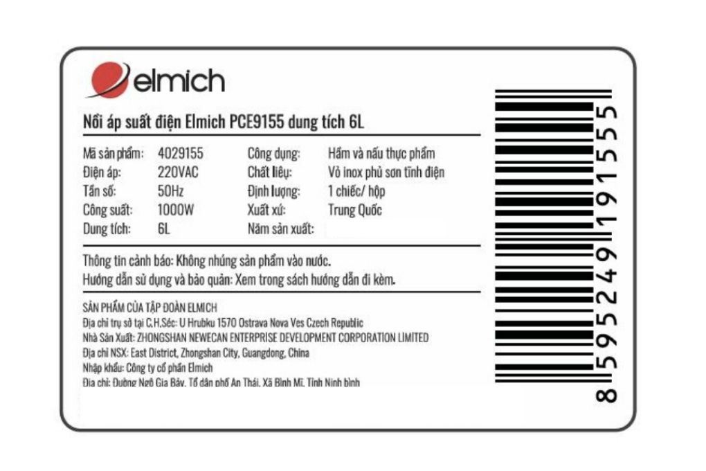 Nồi áp suất điện Elmich PCE-9155 6 lít Màu Trắng