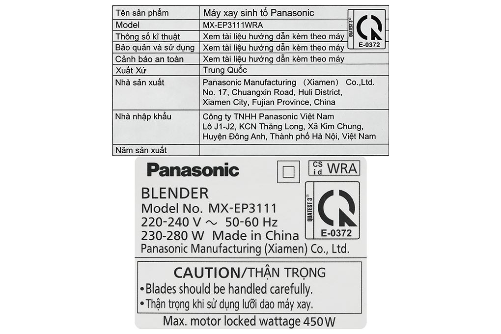 Máy xay sinh tố đa năng Panasonic MX-EP3111WRA Màu Trắng