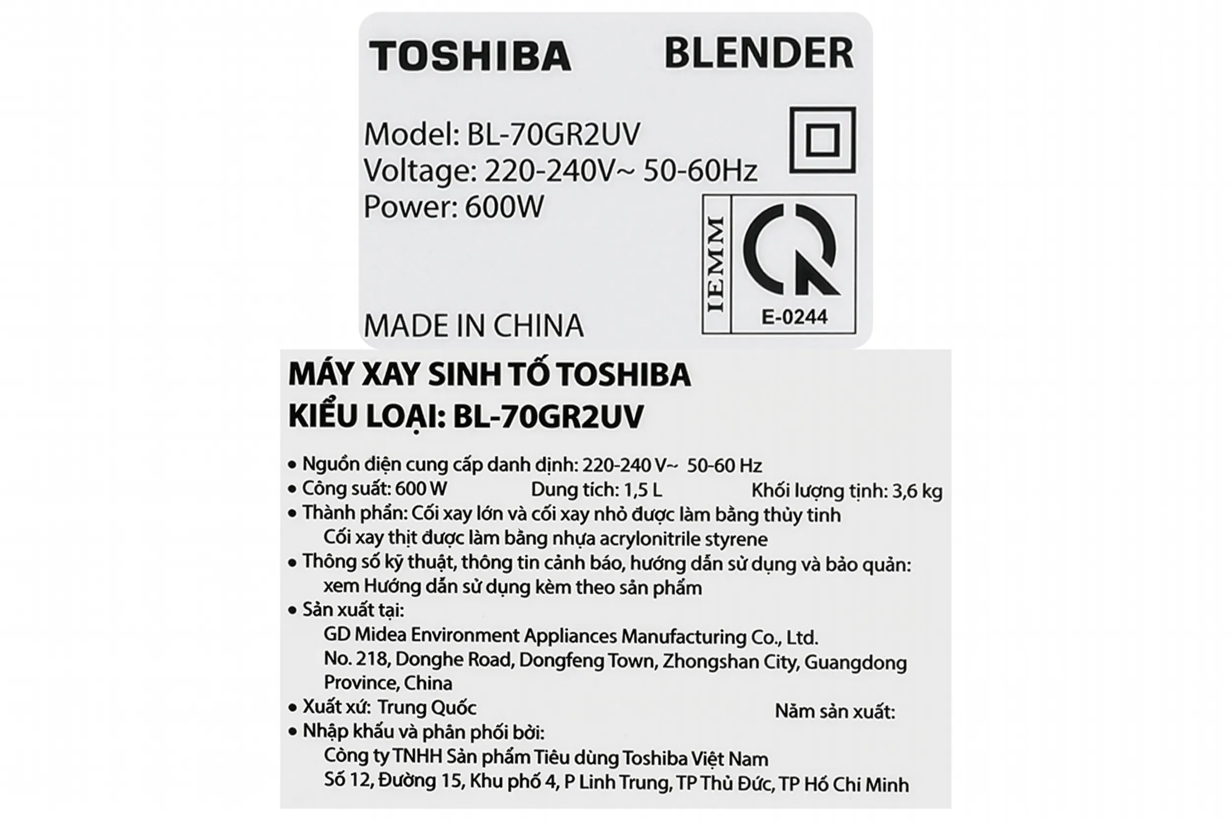 Máy xay sinh tố đa năng Toshiba BL-70GR2UV Màu Trắng