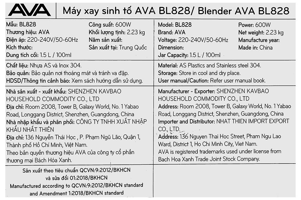 Máy xay sinh tố đa năng AVA BL828 Màu Đen - Bạc