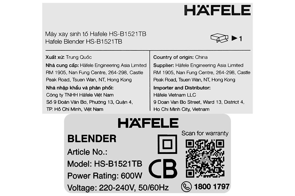 Máy xay sinh tố đa năng Hafele HS-B1521TB (535.44.163) Màu Đen