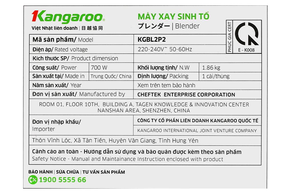 Máy xay sinh tố đa năng Kangaroo KGBL2P2 Màu Trắng