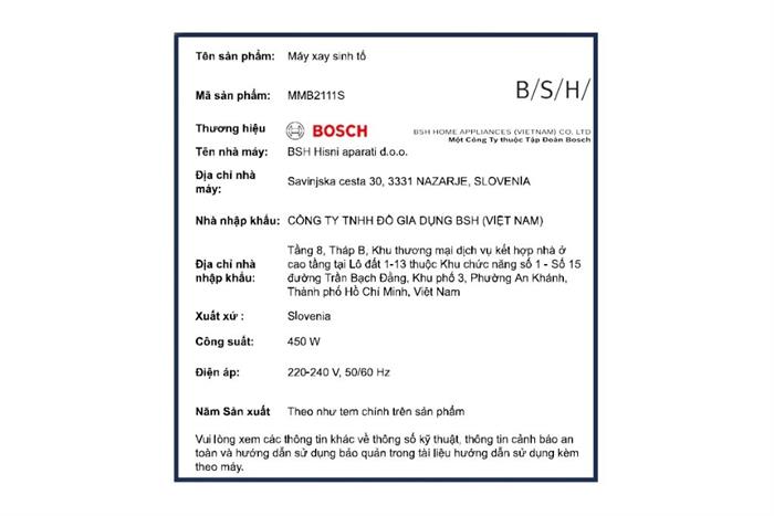 Máy xay sinh tố Bosch MMB2111S Màu Bạc