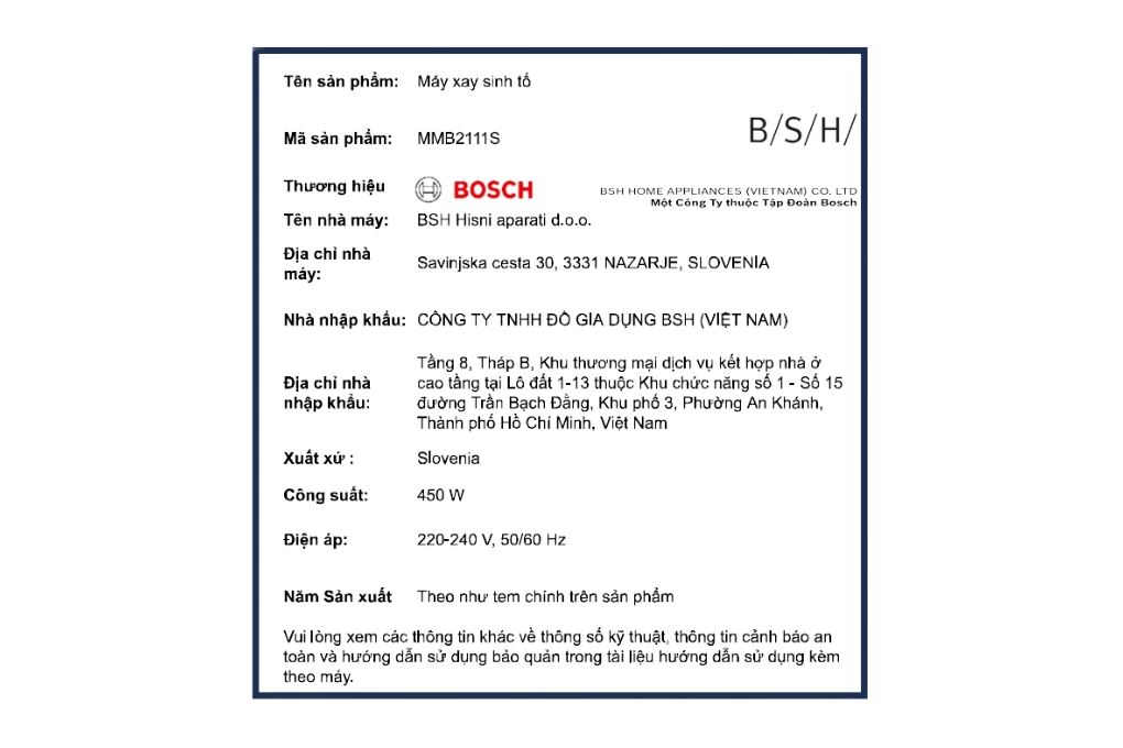 Máy xay sinh tố Bosch MMB2111S Màu Bạc