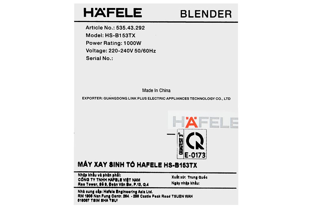 Máy xay sinh tố Hafele HS-B153TX (535.43.292) Màu Bạc