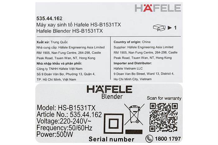 Máy xay sinh tố Hafele HS-B1531TX (535.44.162) Màu Bạc