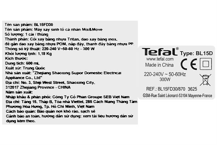 Máy xay sinh tố đa năng Tefal BL15FD30 Màu Bạc