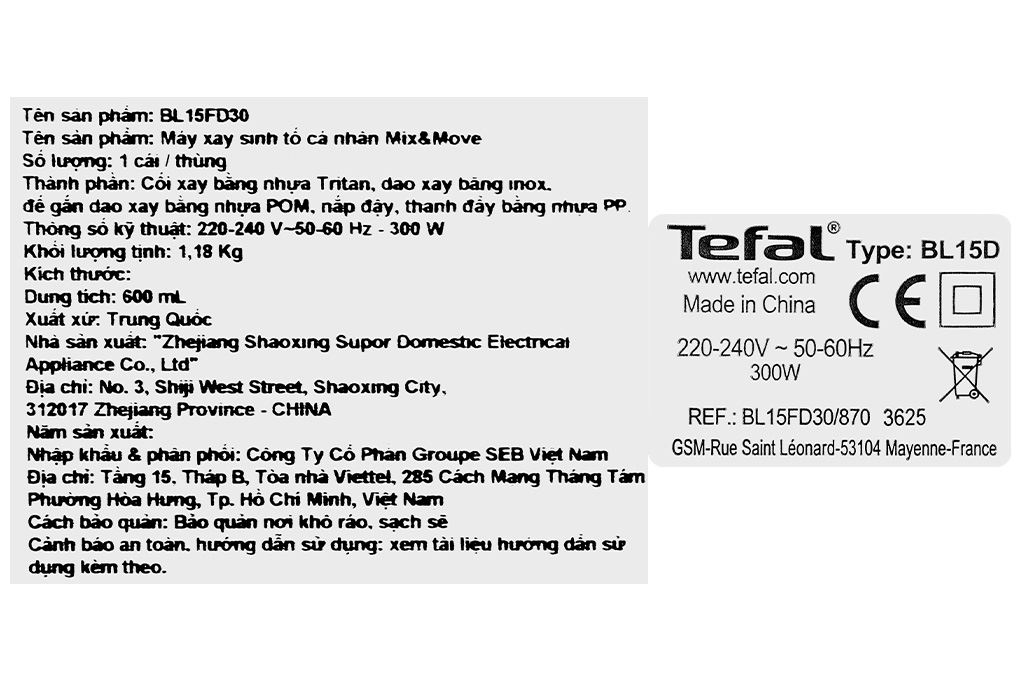 Máy xay sinh tố đa năng Tefal BL15FD30 Màu Bạc