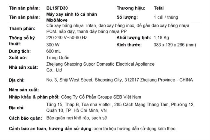 Máy xay sinh tố đa năng Tefal BL15FD30 Màu Bạc