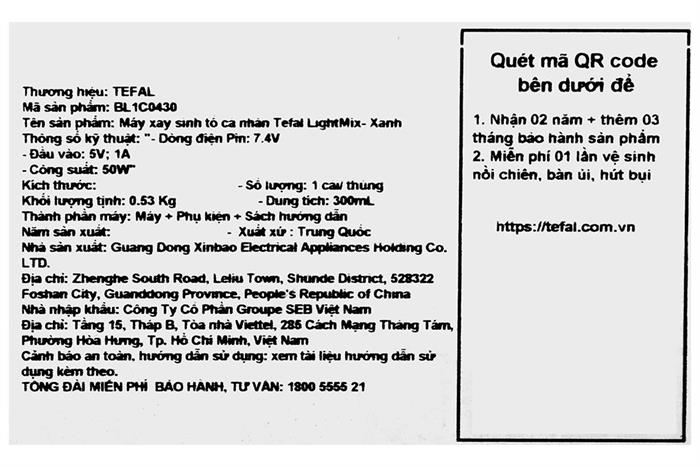 Máy xay sinh tố cầm tay Tefal BL1C0430 Màu Xanh