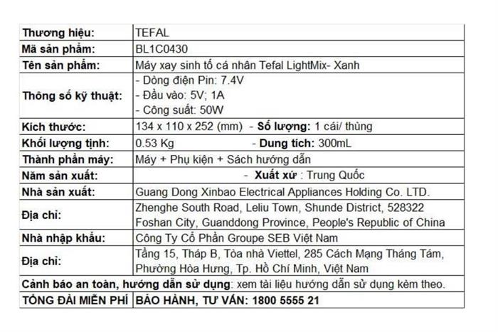 Máy xay sinh tố cầm tay Tefal BL1C0430 Màu Xanh