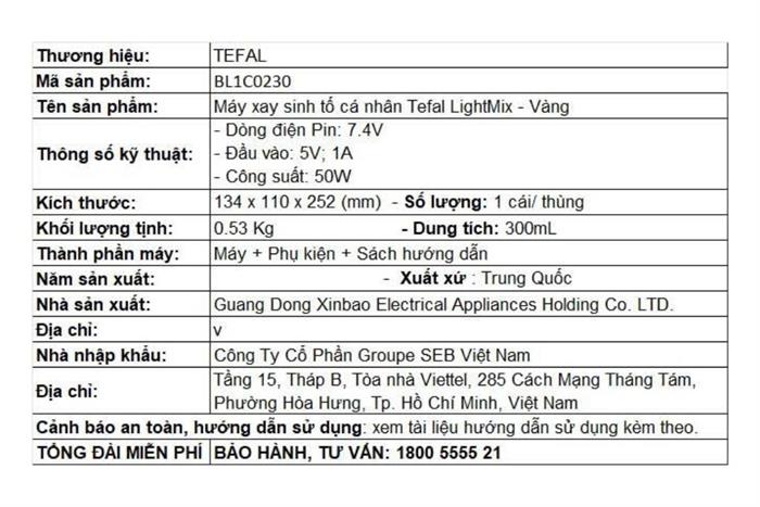 Máy xay sinh tố cầm tay Tefal BL1C0230 Màu Vàng
