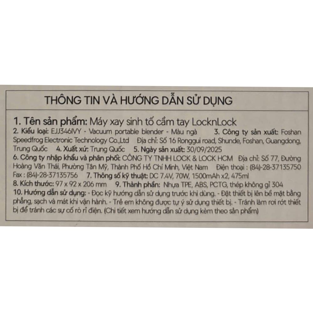 Máy xay cầm tay Lock&Lock EJJ346IVY Màu Trắng Ghi