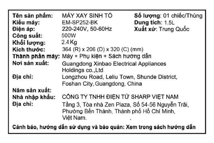 Máy xay sinh tố đa năng Sharp EM-SP252-BK Màu Đen