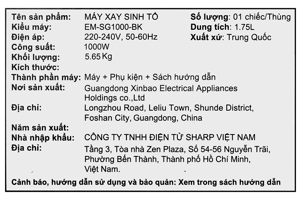 Máy xay sinh tố đa năng Sharp EM-SG1000-BK Màu Đen