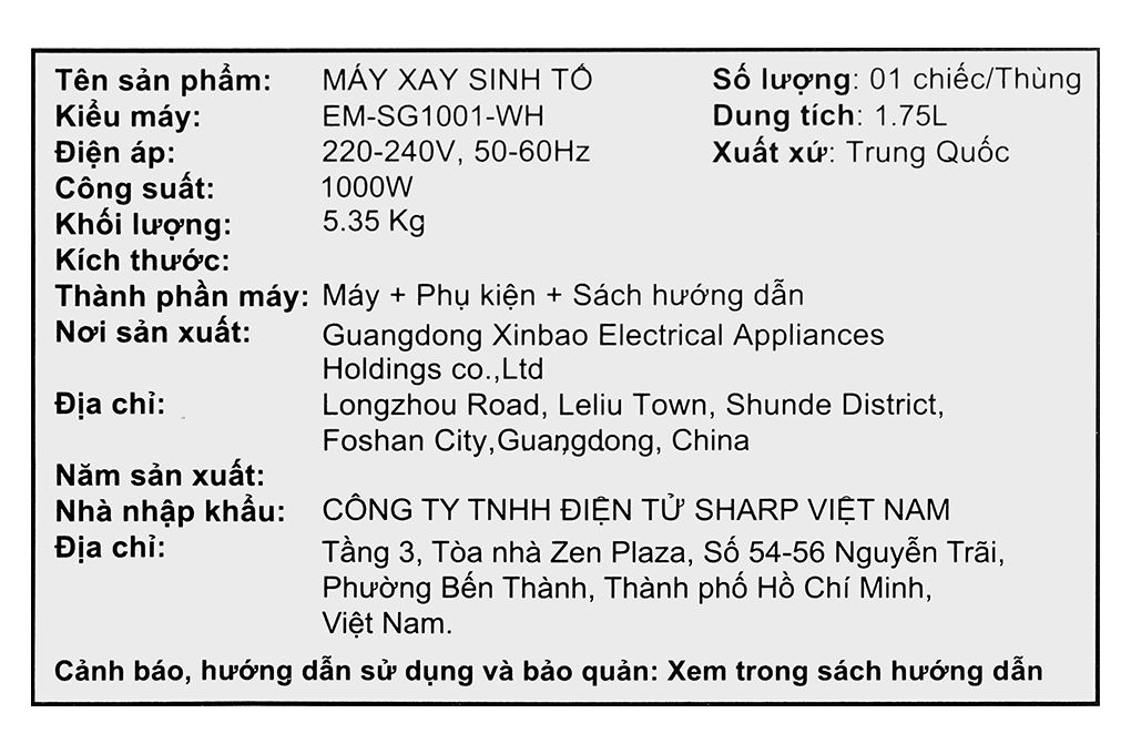 Máy xay sinh tố đa năng Sharp EM-SG1001-WH Màu Trắng
