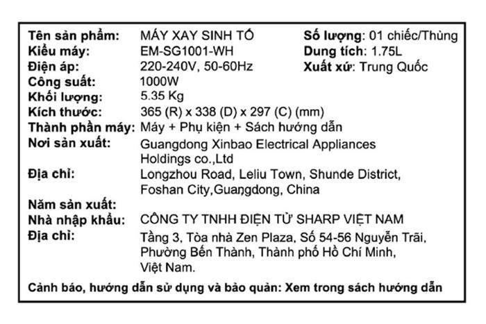 Máy xay sinh tố đa năng Sharp EM-SG1001-WH Màu Trắng