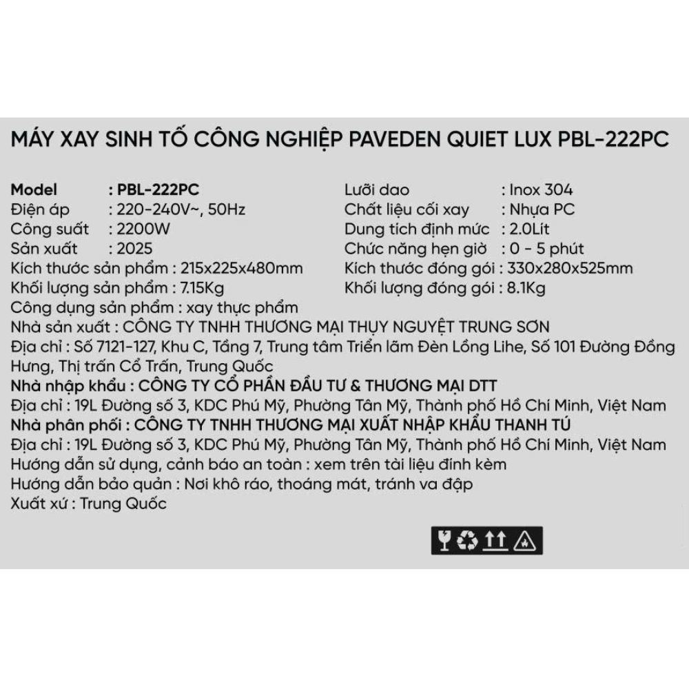 Máy xay sinh tố PAVEDEN PBL-222PC - 1 cối Màu Đen