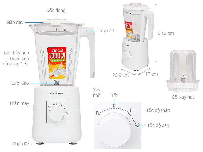 Máy xay sinh tố đa năng Sunhouse SHD5318 - 2 cối