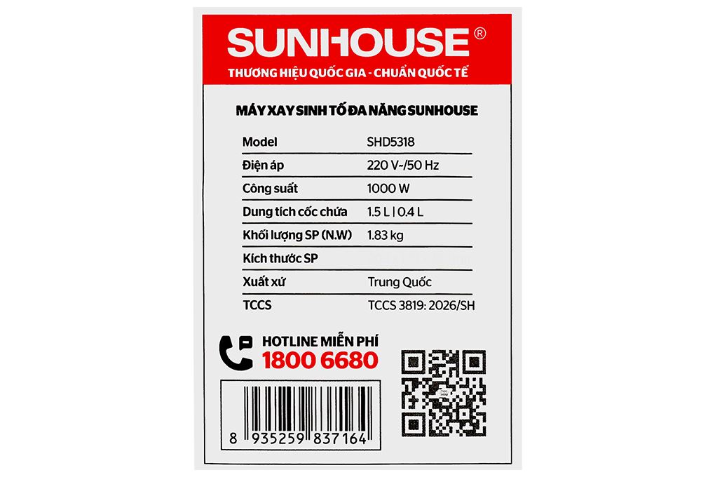 Máy xay sinh tố đa năng Sunhouse SHD5318 - 2 cối Màu Trắng
