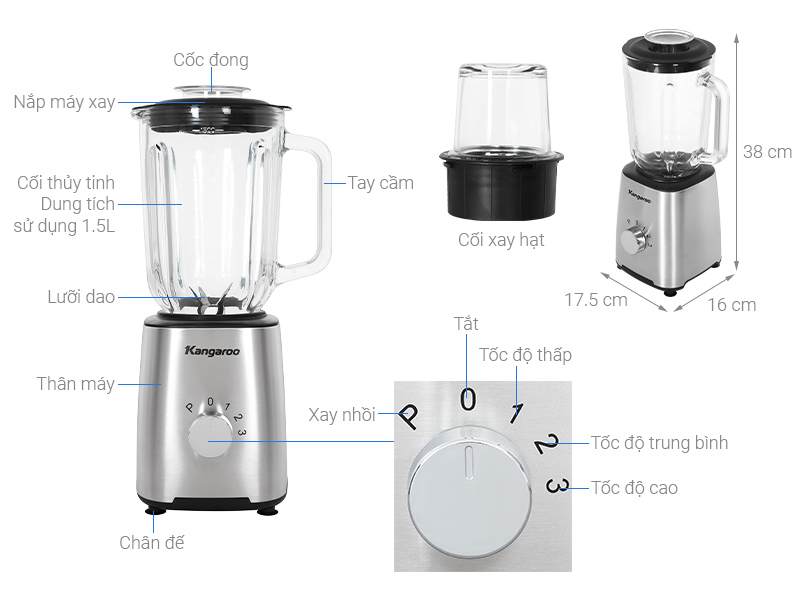 Máy xay sinh tố đa năng Kangaroo KGBL1000G - 2 cối