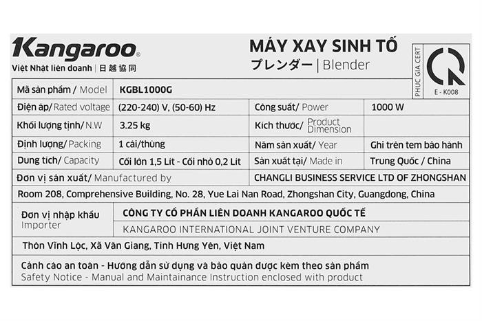 Máy xay sinh tố đa năng Kangaroo KGBL1000G - 2 cối Màu Bạc