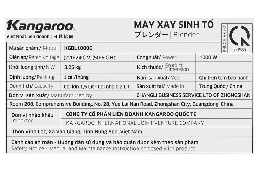 Máy xay sinh tố đa năng Kangaroo KGBL1000G - 2 cối Màu Bạc