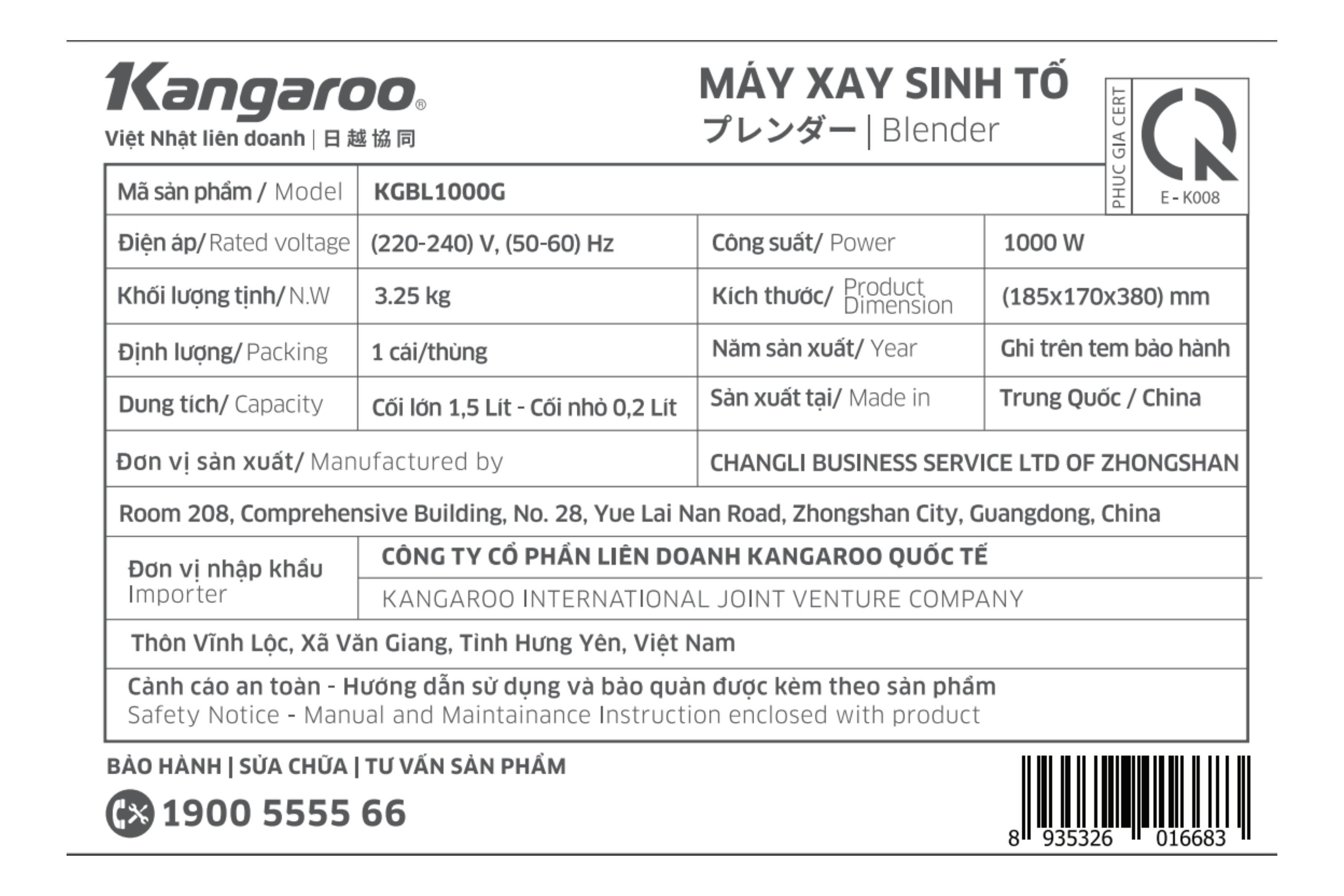 Máy xay sinh tố đa năng Kangaroo KGBL1000G - 2 cối - 14