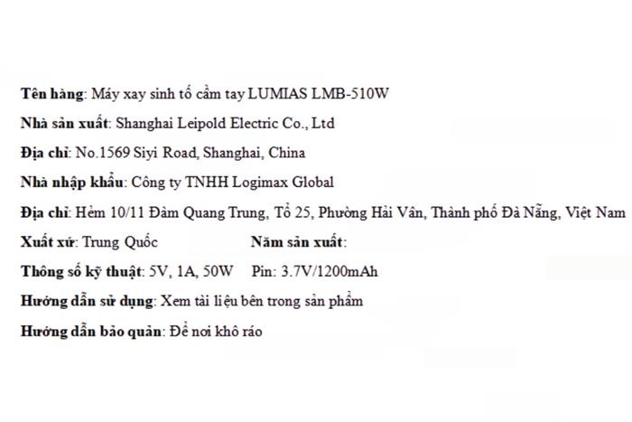 Máy xay cầm tay Lumias LMB-510W Màu Kem