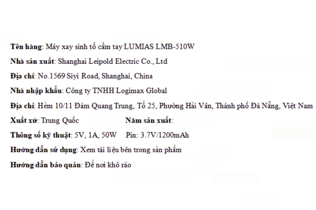 Máy xay cầm tay Lumias LMB-510W Màu Kem