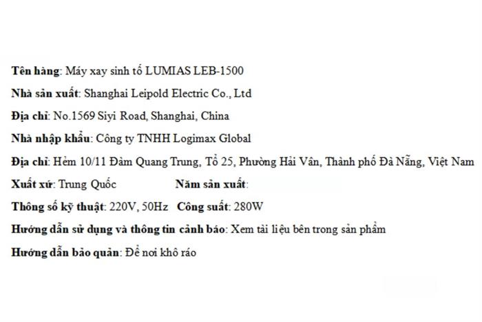 Máy xay sinh tố Lumias LEB-1500 Màu Trắng