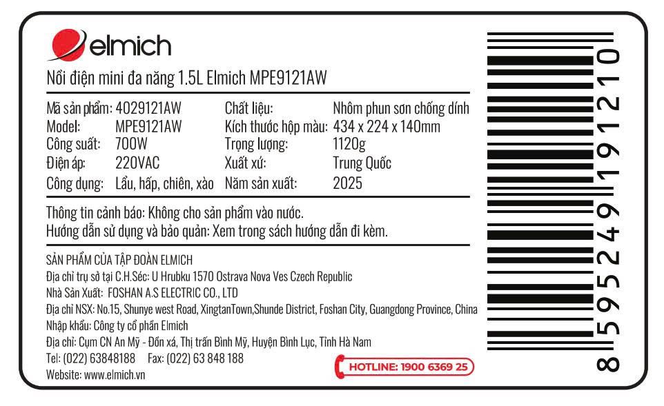 Nồi lẩu đa năng Elmich MPE-9121AW 1.5 lít Màu Trắng