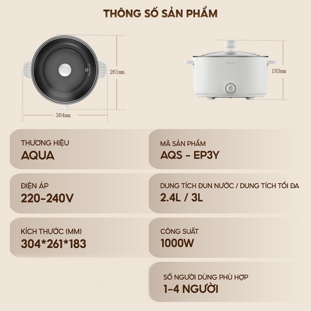 Nồi lẩu điện đa năng AQUA AQS-EP3Y 2.4 lít Màu Màu be