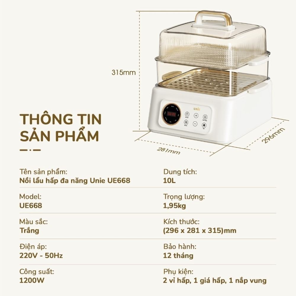 Nồi lẩu hấp đa năng Unie UE668 10 lít Màu Màu be