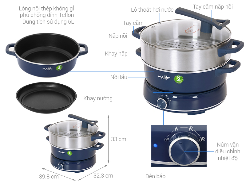 Nồi lẩu hấp đa năng Magic Eco AC-282 6 lít