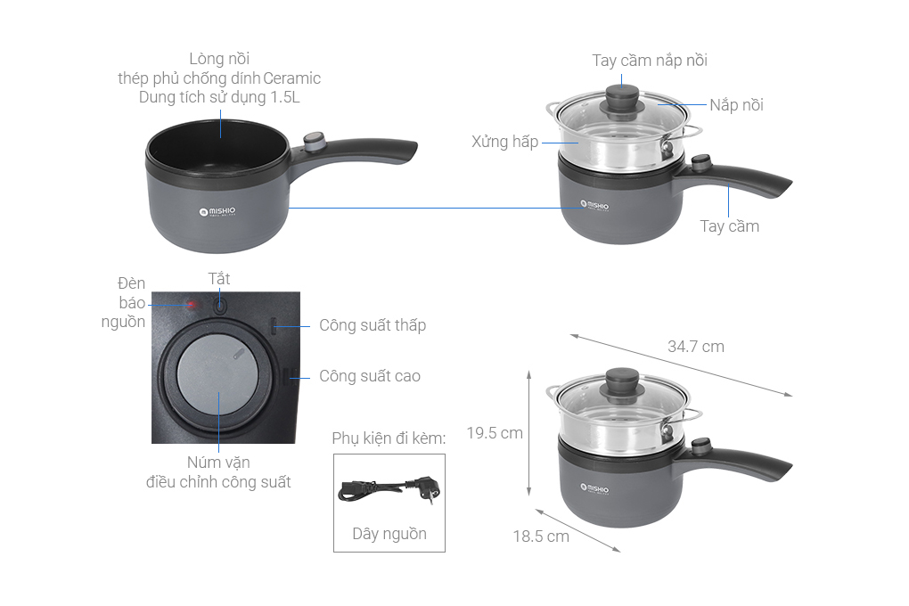 Ca nấu đa năng Mishio MK-321 1.5 lít - Xám